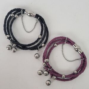 3-Strand Braided Leather and Silver Balls Bracelets - Magnetic Clasps